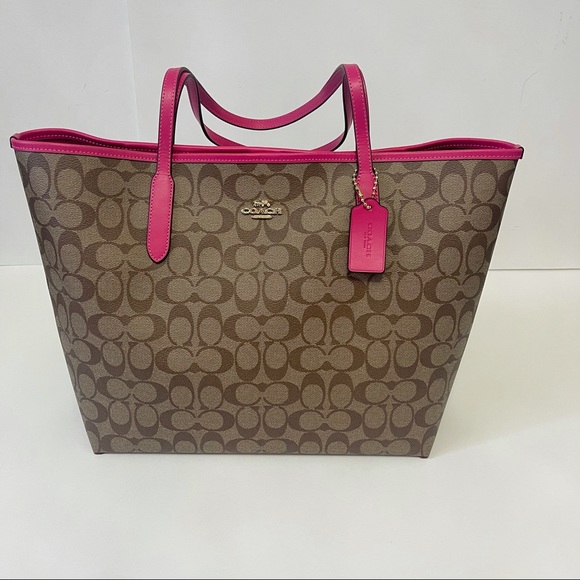 Coach City Tote In Signature Canvas Tan And Bold Pink New With Tag - Picture 10 of 11